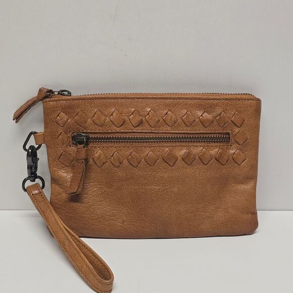 Day And Mood Tan Leather Sting Clutch Wristlet Bag Purse - Picture 1 of 8